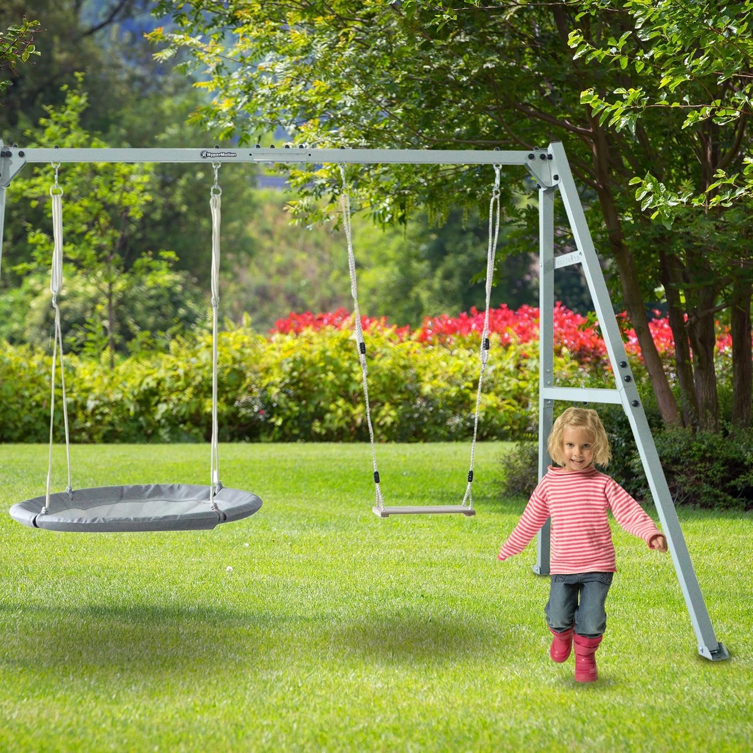Doppelschaukel, Stahlgestell + Zubehör, Nestchen-Hängematte, max. 180 kg, verstellbare Seile, für Garten/Kinder/Erwachsene, ab 3 J.