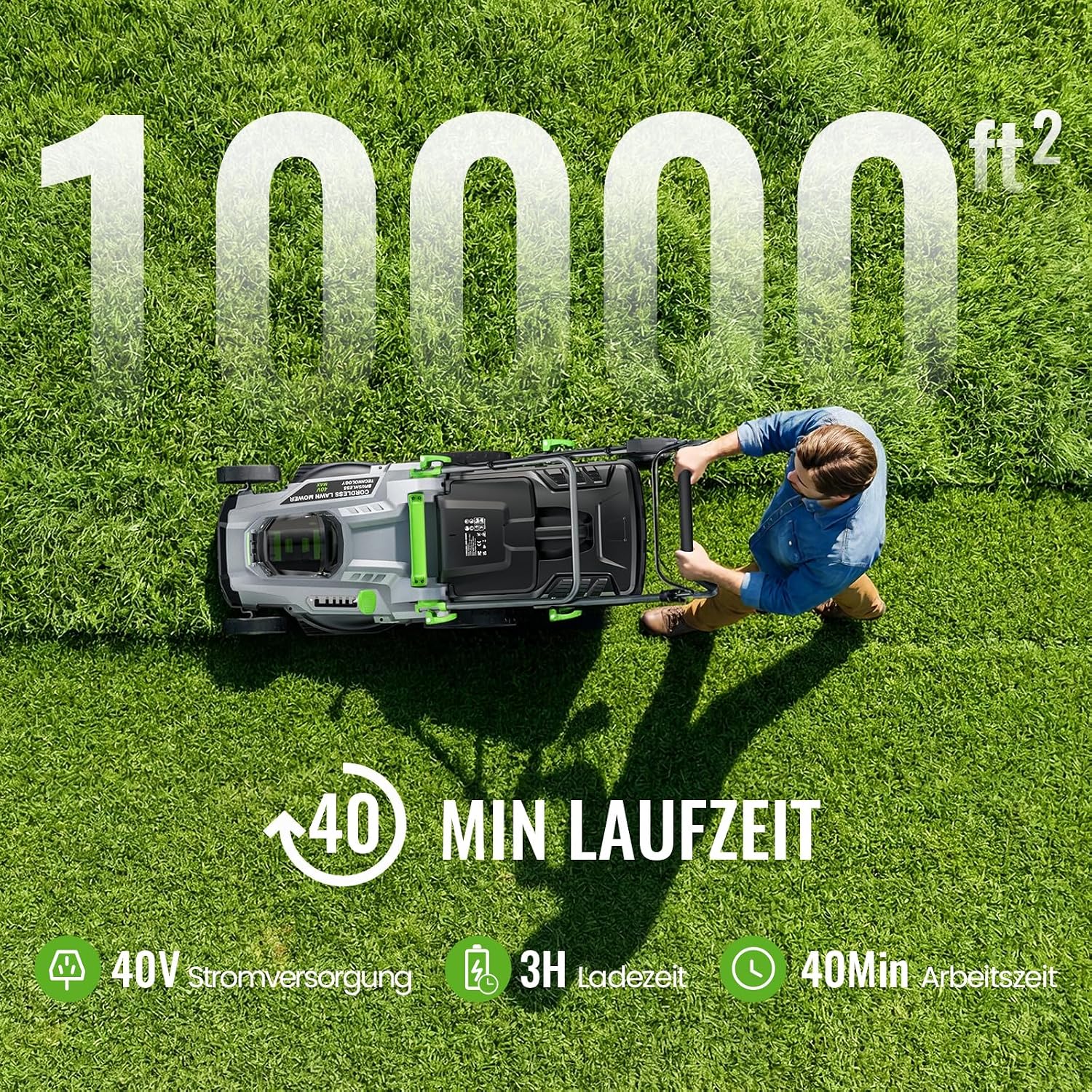 Akku-Rasenmäher 40V(2X20V), 43cm Schnittbreite, Brushless, bis 500 m², Mulch-Kit, 50L Fangkorb, 6 Schnitthöhen (25-75mm), 2x 4,0Ah Akkus+Ladegerät