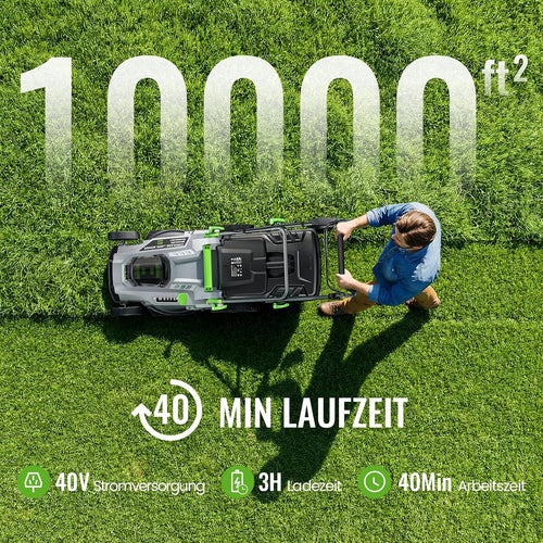 Akku-Rasenmäher 40V(2X20V), 43cm Schnittbreite, Brushless, bis 500 m², Mulch-Kit, 50L Fangkorb, 6 Schnitthöhen (25-75mm), 2x 4,0Ah Akkus+Ladegerät