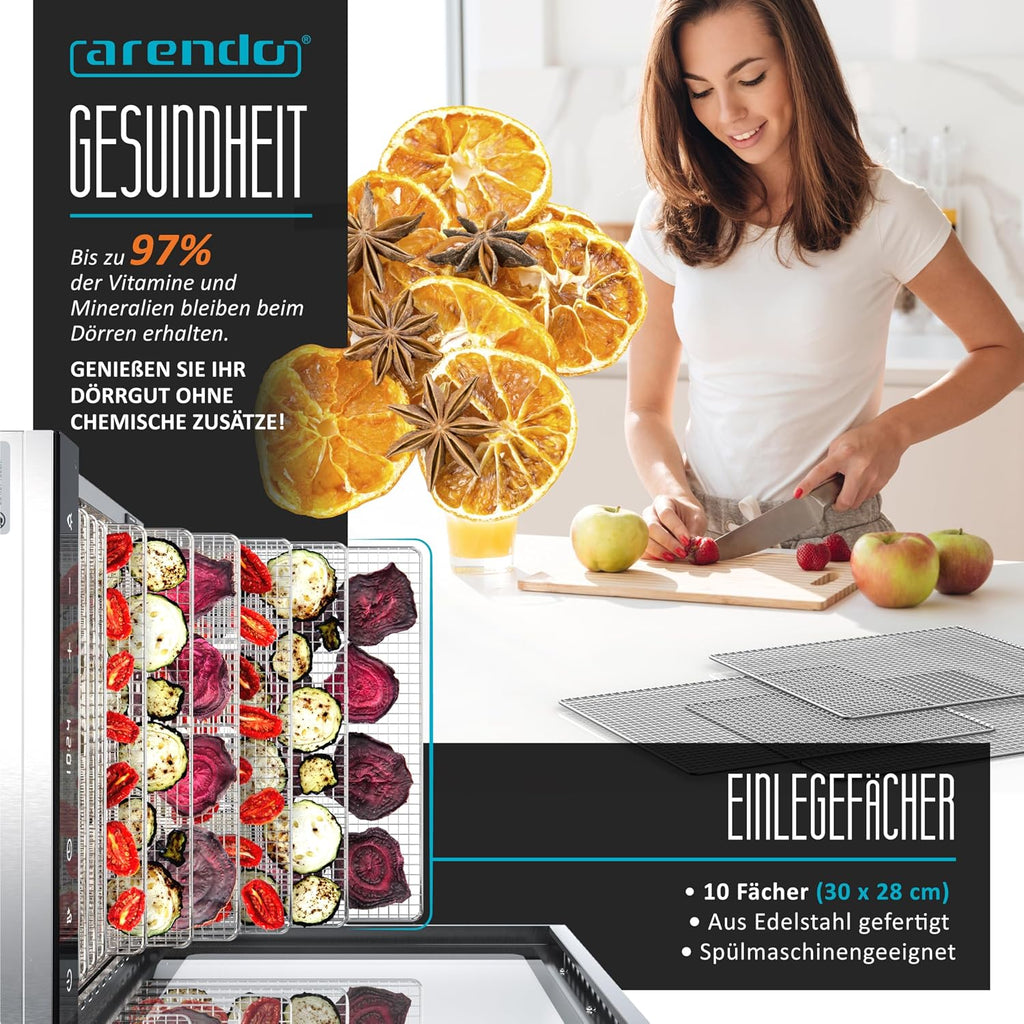 Dörrautomat Edelstahl mit 10 Edelstahl-Einlegetabletts, 800 W, 35-85°C, 8400 cm², Dehydrator für Obst, Fleisch, Pilze uvm.