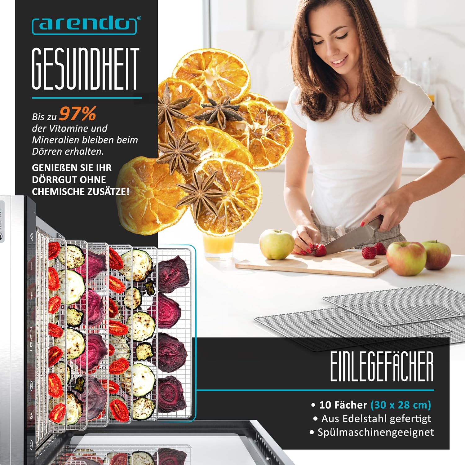 Dörrautomat Edelstahl mit 10 Edelstahl-Einlegetabletts, 800 W, 35-85°C, 8400 cm², Dehydrator für Obst, Fleisch, Pilze uvm.