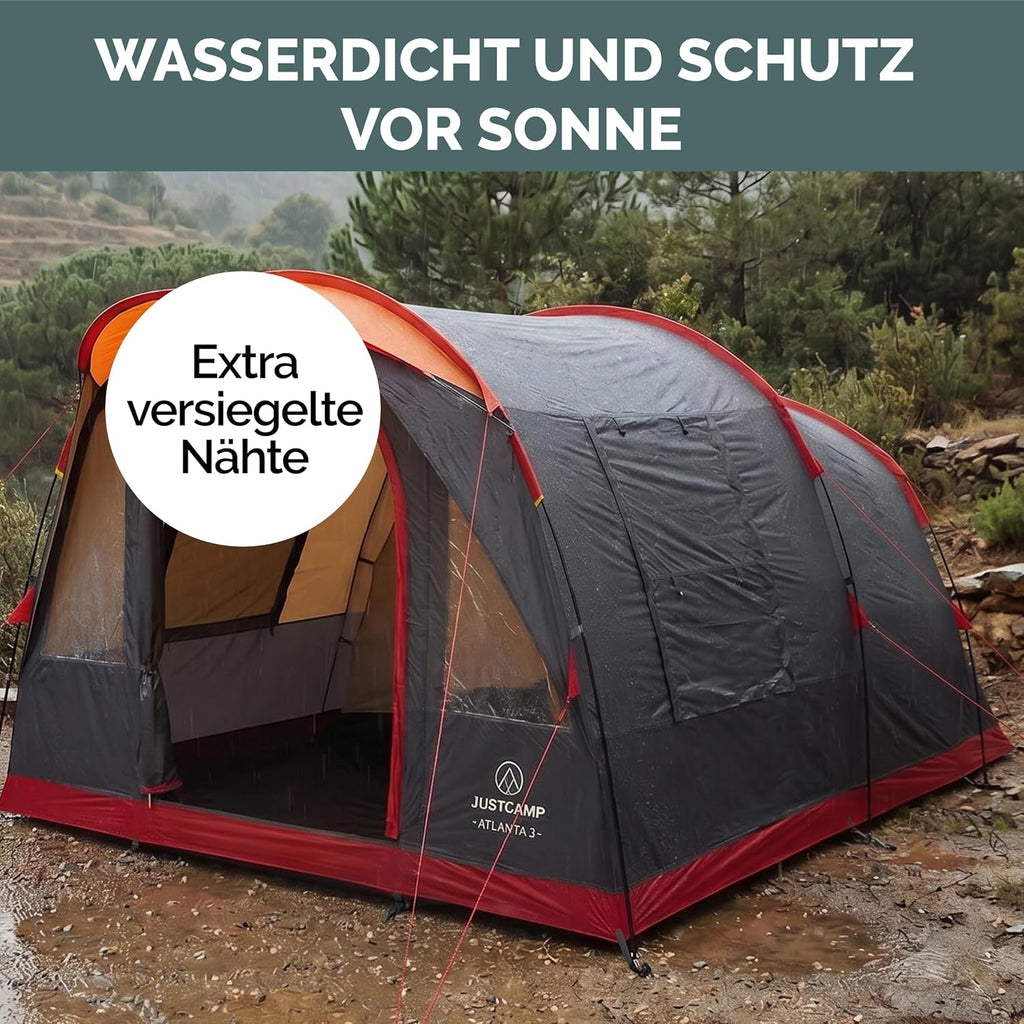 Atlanta Familienzelt für 3-7 Pers., Tunnelzelt, Stehhöhe, Vordach + Boden, Fliegengitter, wasserdicht, für Camping/Festivals