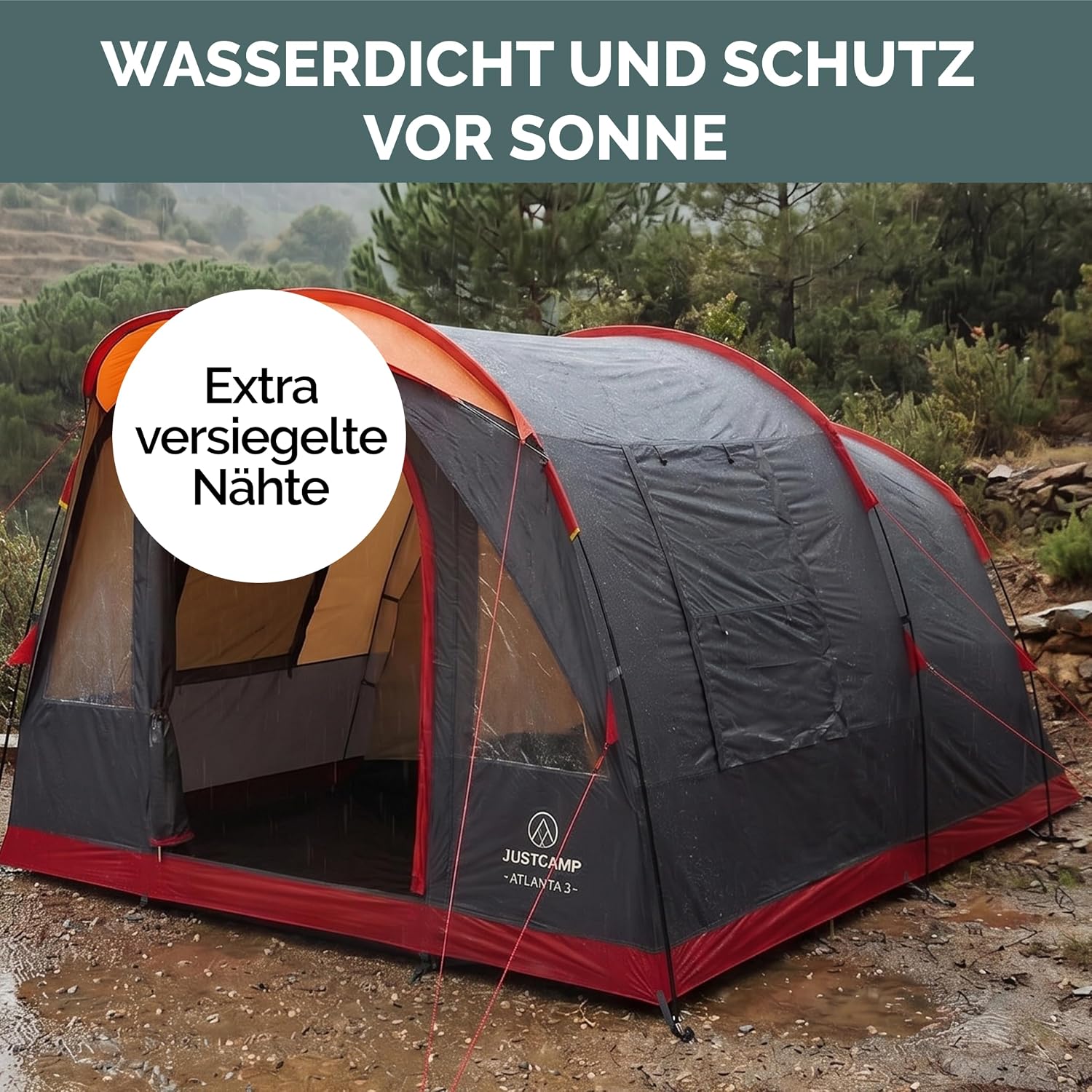 Atlanta Familienzelt für 3-7 Pers., Tunnelzelt, Stehhöhe, Vordach + Boden, Fliegengitter, wasserdicht, für Camping/Festivals