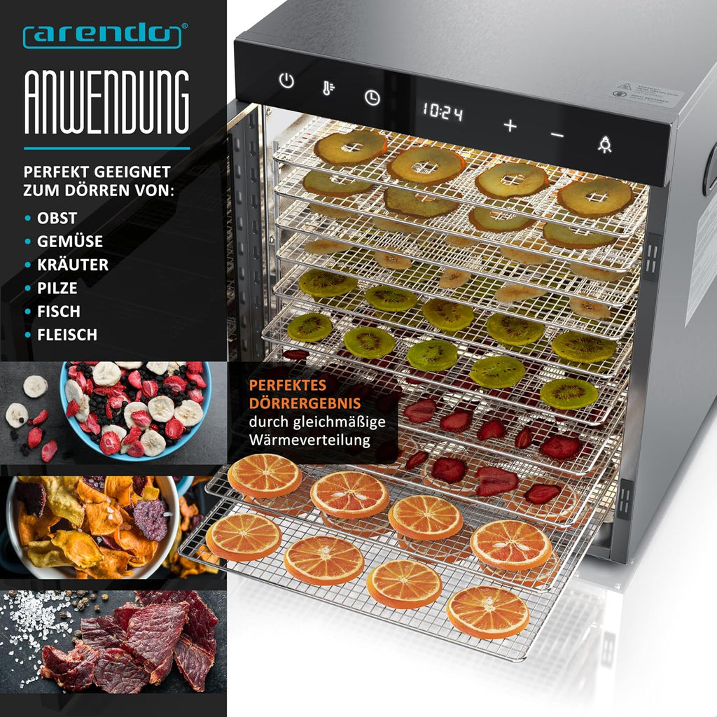 Dörrautomat Edelstahl mit 10 Edelstahl-Einlegetabletts, 800 W, 35-85°C, 8400 cm², Dehydrator für Obst, Fleisch, Pilze uvm.