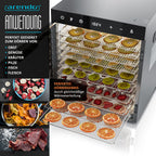 Dörrautomat Edelstahl mit 10 Edelstahl-Einlegetabletts, 800 W, 35-85°C, 8400 cm², Dehydrator für Obst, Fleisch, Pilze uvm.