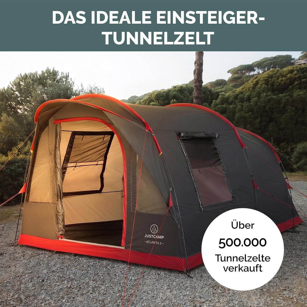 Atlanta Familienzelt für 3-7 Pers., Tunnelzelt, Stehhöhe, Vordach + Boden, Fliegengitter, wasserdicht, für Camping/Festivals