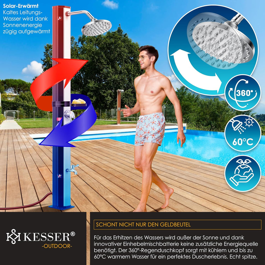 Solardusche 60L für Garten & Pool - Warmwasser ohne Strom, Regenduschkopf & Wasserhahn mit Gartenschlauch-Anschluss, inkl. Ablage und Schutzhaube