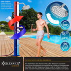 Solardusche 60L für Garten & Pool - Warmwasser ohne Strom, Regenduschkopf & Wasserhahn mit Gartenschlauch-Anschluss, inkl. Ablage und Schutzhaube