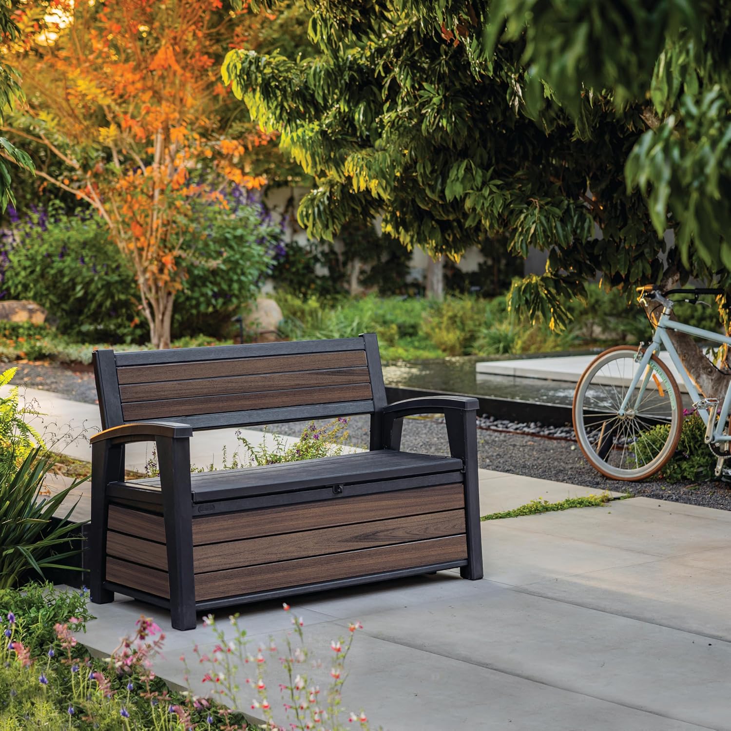Signature Gartenbank 130x60x85 cm, wetterfeste Aufbewahrungsbank mit 227L Stauraum, 2-Sitzer, Holzdesign Rosewood