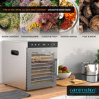Dörrautomat Edelstahl mit 10 Edelstahl-Einlegetabletts, 800 W, 35-85°C, 8400 cm², Dehydrator für Obst, Fleisch, Pilze uvm.