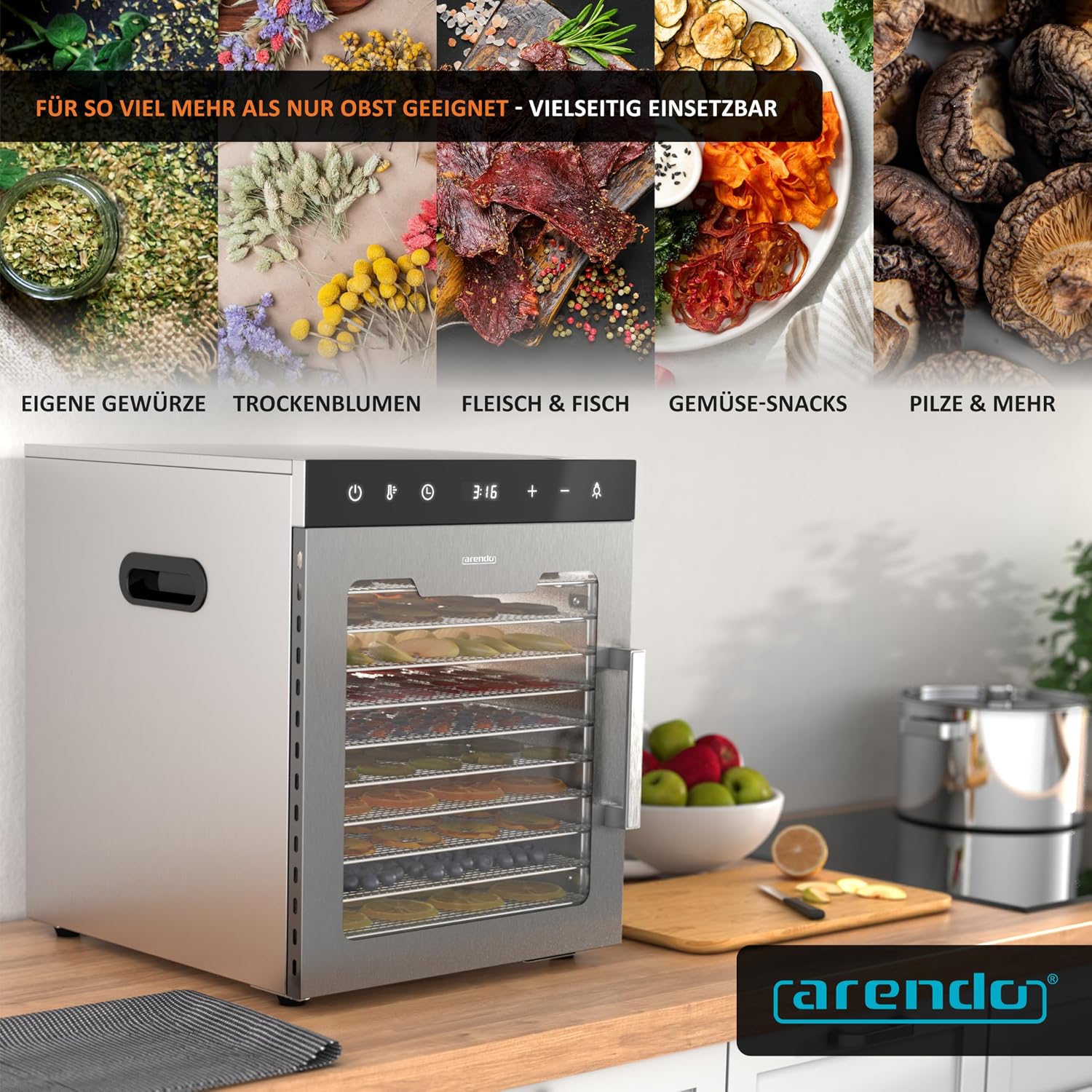 Dörrautomat Edelstahl mit 10 Edelstahl-Einlegetabletts, 800 W, 35-85°C, 8400 cm², Dehydrator für Obst, Fleisch, Pilze uvm.