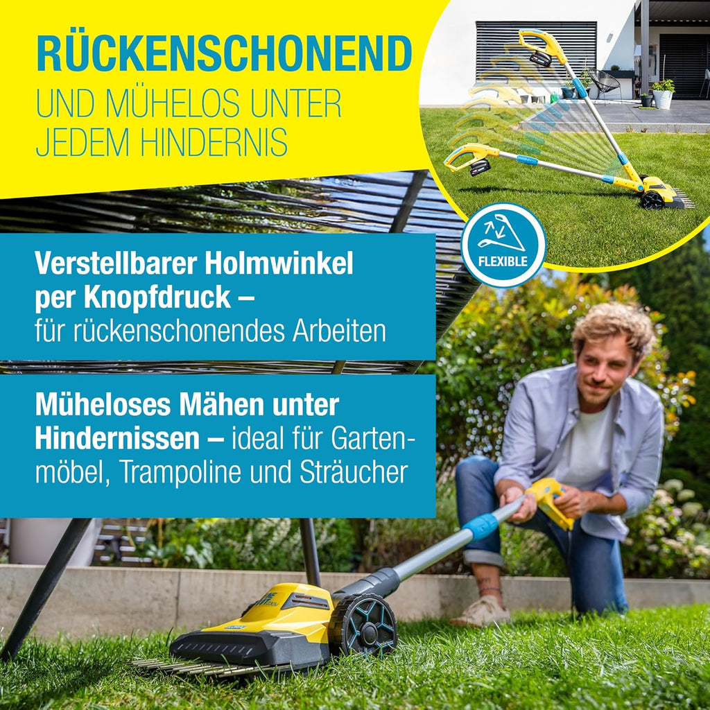 FineCut 18V Akku-Rasentrimmer + Kantenschneider, 25 cm, für Rasenkanten/Kleingärten, inkl. Akku + Ladegerät, für Mähroboter-Ergänzung, gelb/blau