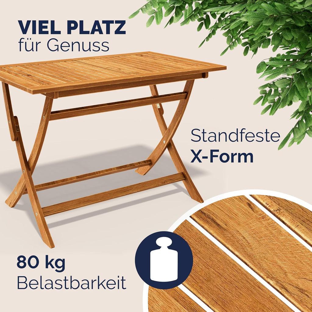 Gartenmöbel Set Modell 2026 - 5-teilig aus FSC Akazienholz, extra stabiler Tisch mit Verstärkungsleiste, 4 klappbare Stühle mit Armlehnen