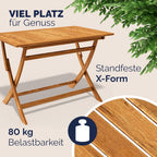 Gartenmöbel Set Modell 2026 - 5-teilig aus FSC Akazienholz, extra stabiler Tisch mit Verstärkungsleiste, 4 klappbare Stühle mit Armlehnen