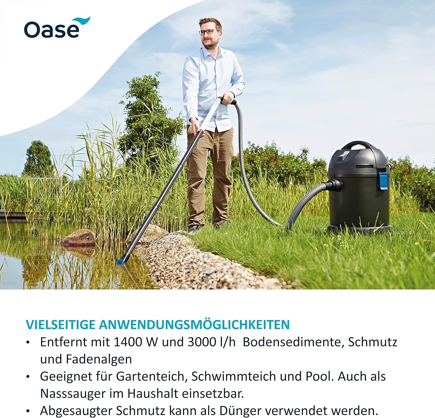 PondoVac Classic 50529, 1400 W, 3000 l/h - Teichschlammsauger mit 4 Saugdüsen, Reinigung & Wasseraufbereitung für Teiche und Haushalt