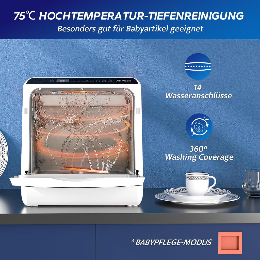 Mini Tischgeschirrspüler, 5+1 Programme, 5L Tank, 2-Wege-Wasser, Touch + LED, für Hausküche/Wohnung/Schlafsaal (Weiß/Schwarz)