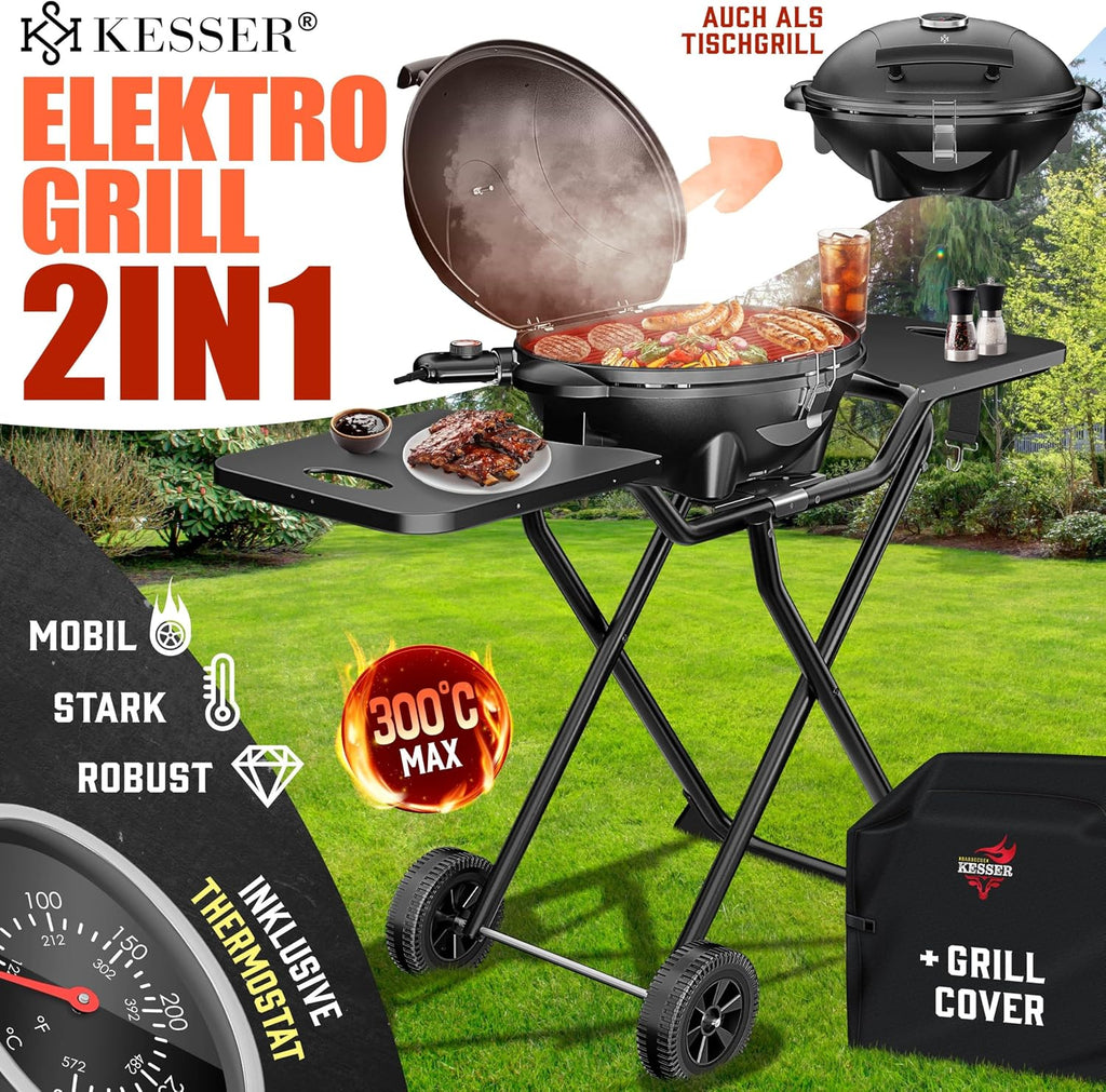 Elektrogrill 2in1 (Tisch/Stand), 2400W, Deckel + Standfuß, Thermostat, Antihaft, Abstelltische + Abdeckung, für drinnen/draußen