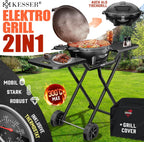 Elektrogrill 2in1 (Tisch/Stand), 2400W, Deckel + Standfuß, Thermostat, Antihaft, Abstelltische + Abdeckung, für drinnen/draußen
