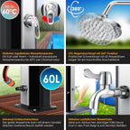 Solardusche 60L für Garten & Pool - Warmwasser ohne Strom, Regenduschkopf & Wasserhahn mit Gartenschlauch-Anschluss, inkl. Ablage und Schutzhaube