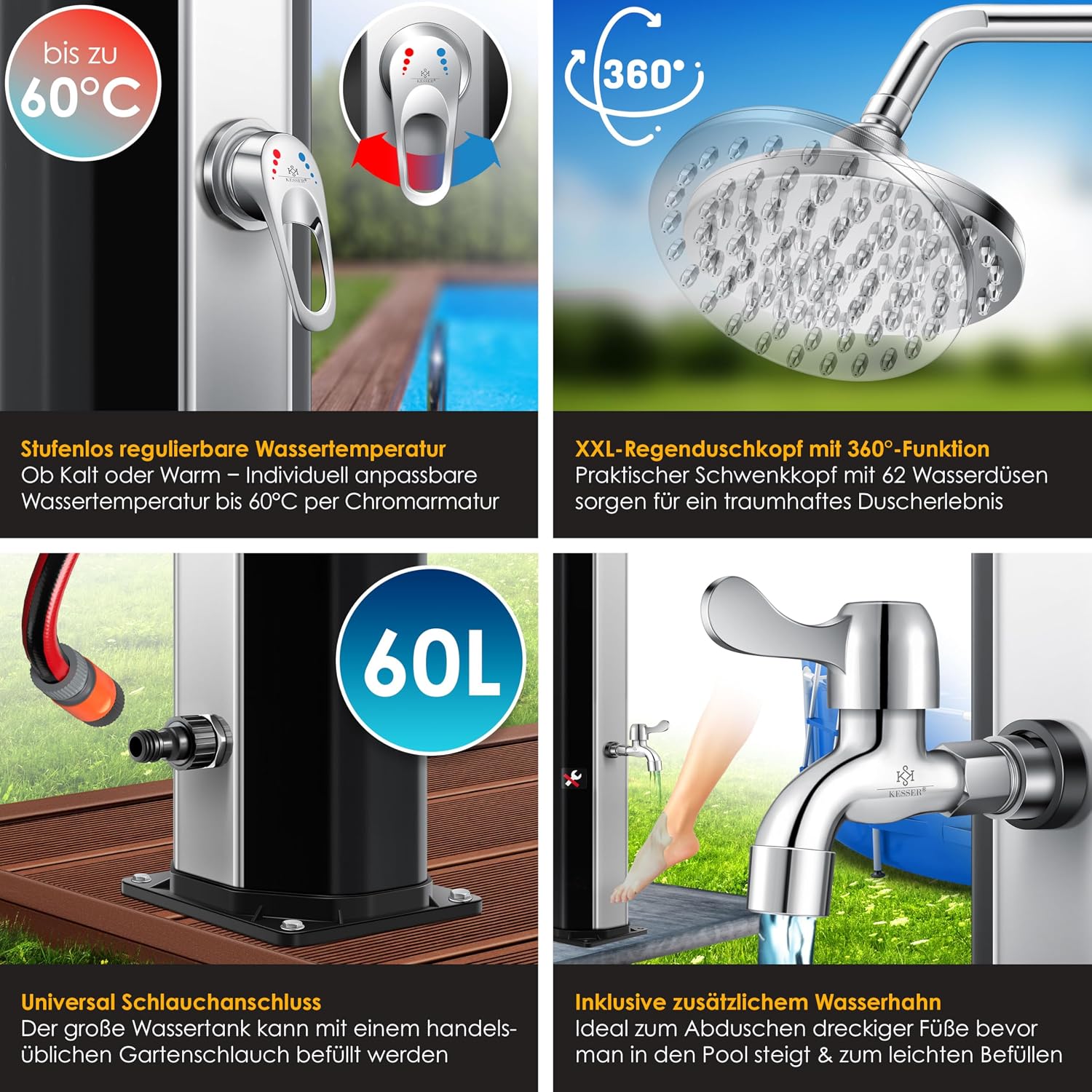 Solardusche 60L für Garten & Pool - Warmwasser ohne Strom, Regenduschkopf & Wasserhahn mit Gartenschlauch-Anschluss, inkl. Ablage und Schutzhaube