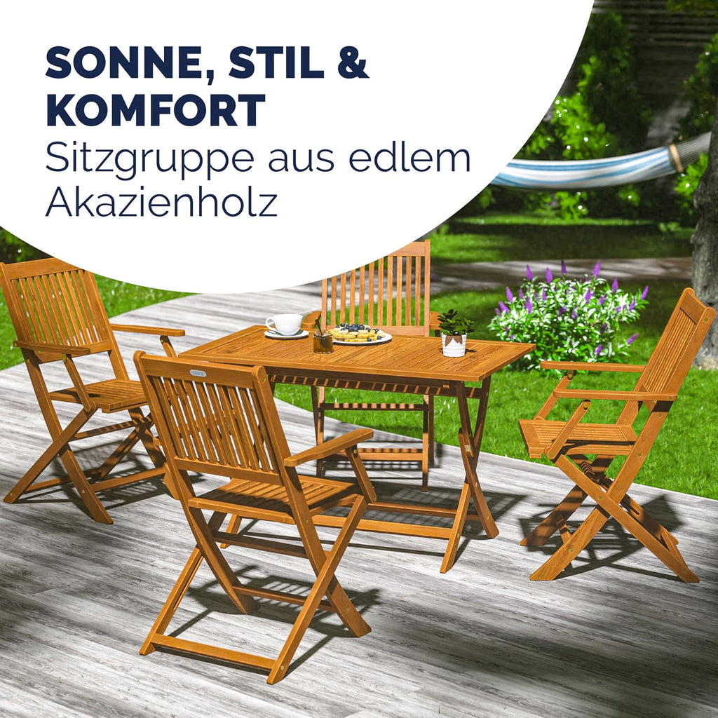 Gartenmöbel Set Modell 2026 - 5-teilig aus FSC Akazienholz, extra stabiler Tisch mit Verstärkungsleiste, 4 klappbare Stühle mit Armlehnen