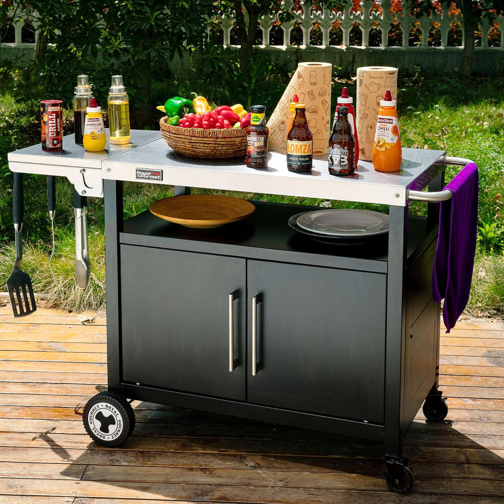 Grillwagen mit klappbarem Seitentisch, Handtuchgriff, Unterschrank, Edelstahl Tischplatte, Rollen, Silber