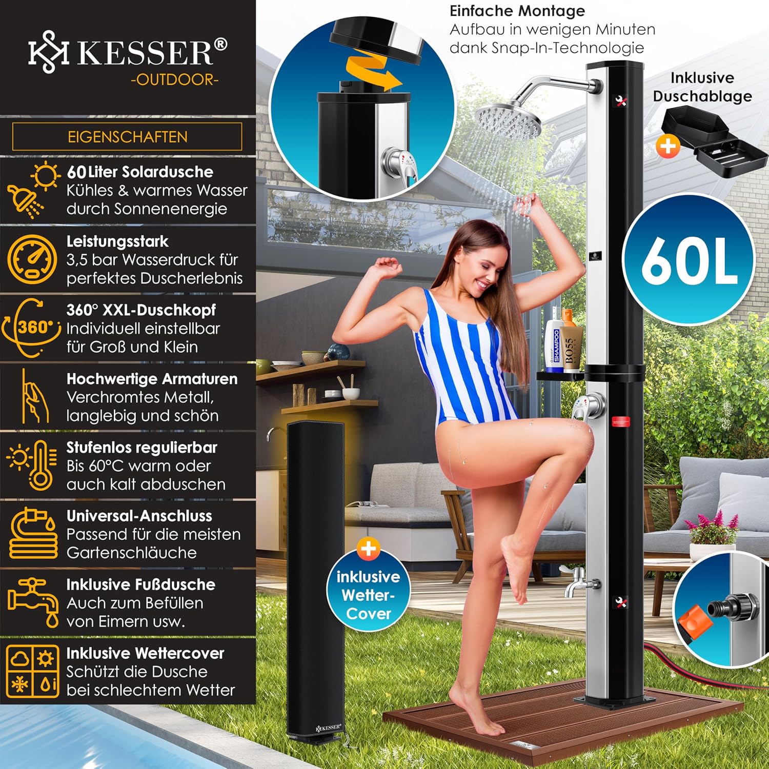 Solardusche 60L für Garten & Pool - Warmwasser ohne Strom, Regenduschkopf & Wasserhahn mit Gartenschlauch-Anschluss, inkl. Ablage und Schutzhaube