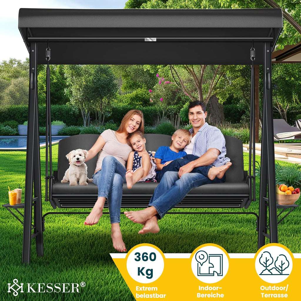 Hollywoodschaukel 3-Sitzer, Sonnendach + Polster, bis 360kg, Anti-Rutsch-Füße, wasserabweisend für Outdoor/Indoor