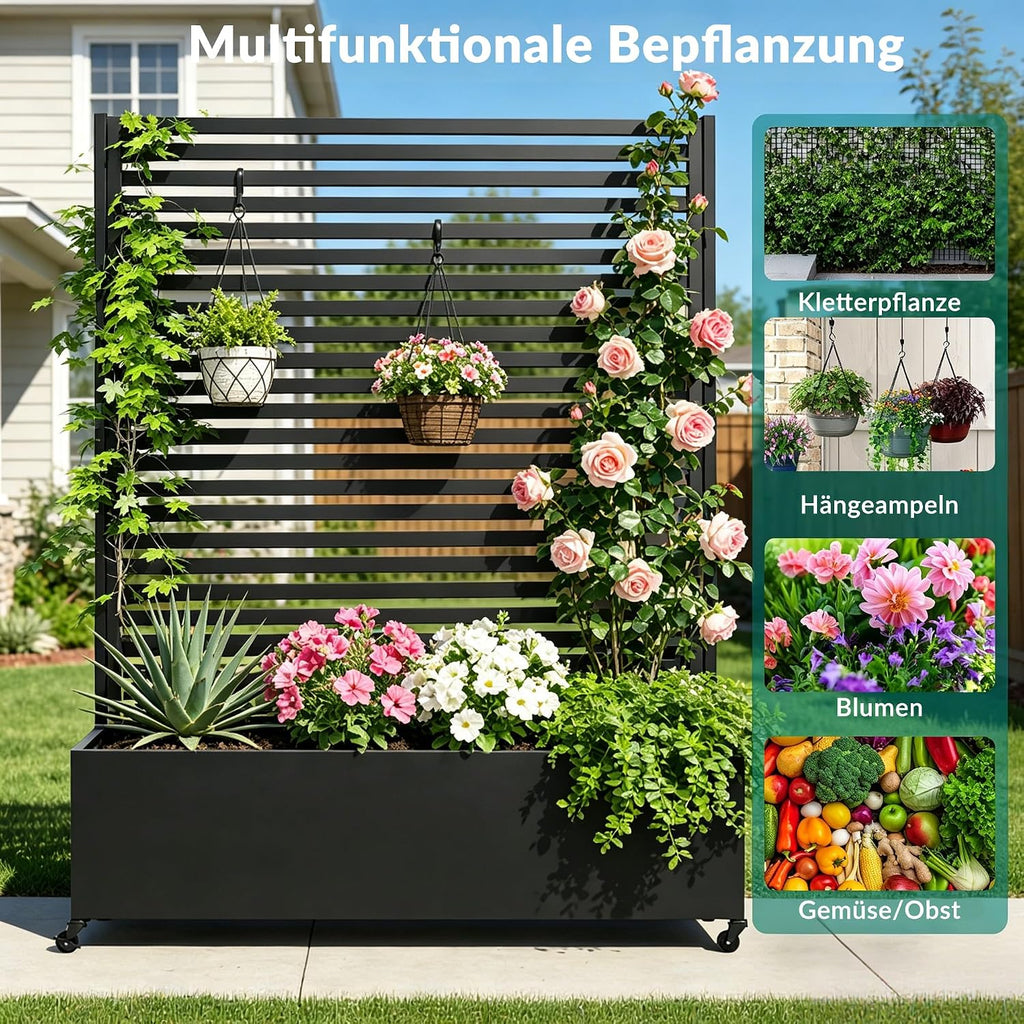 Metall Pflanzkasten mit Spalier, Hochbeet auf Rädern, freistehender Sichtschutz für Blumen und Gemüse, Garten, Terrasse, Balkon