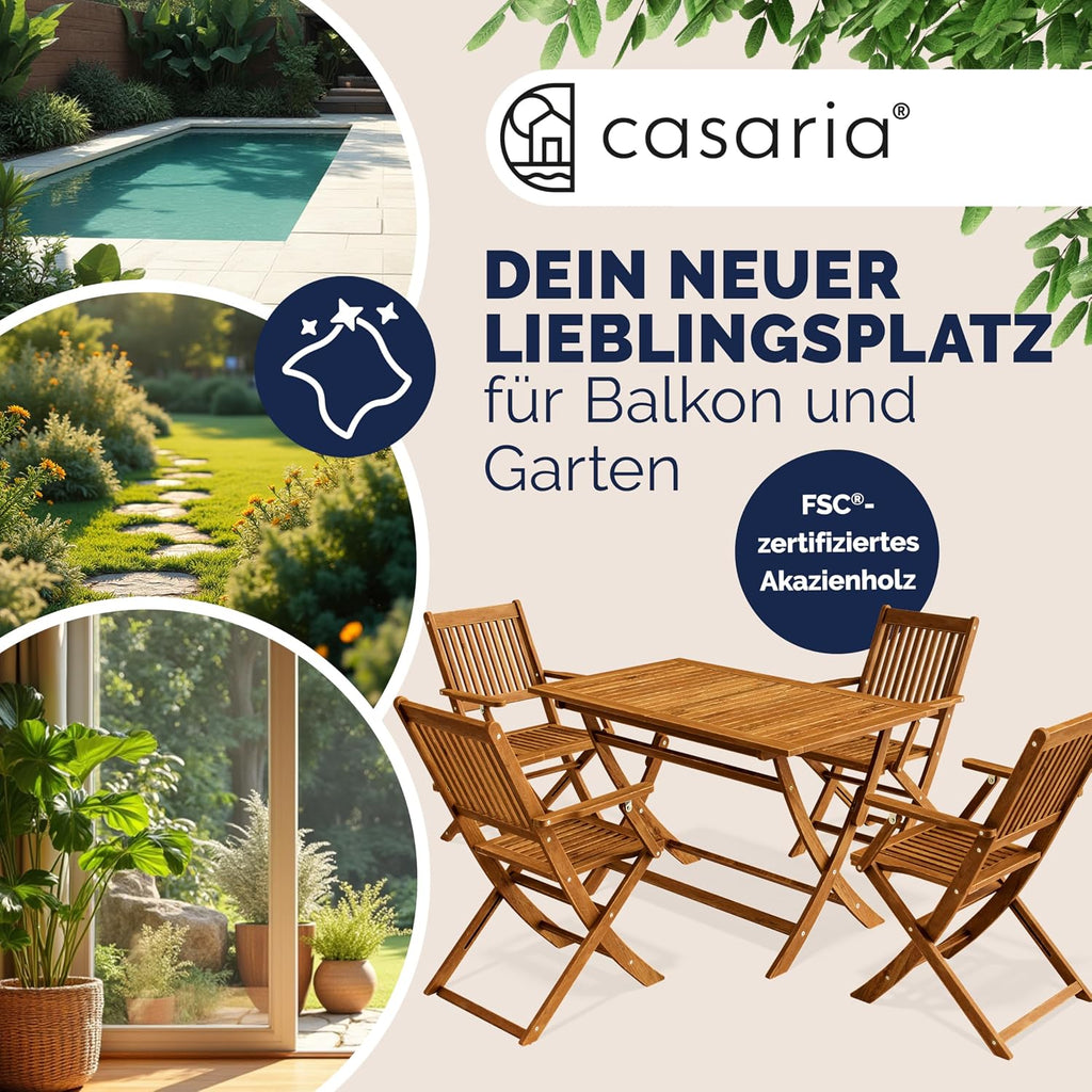 Gartenmöbel Set Modell 2026 - 5-teilig aus FSC Akazienholz, extra stabiler Tisch mit Verstärkungsleiste, 4 klappbare Stühle mit Armlehnen