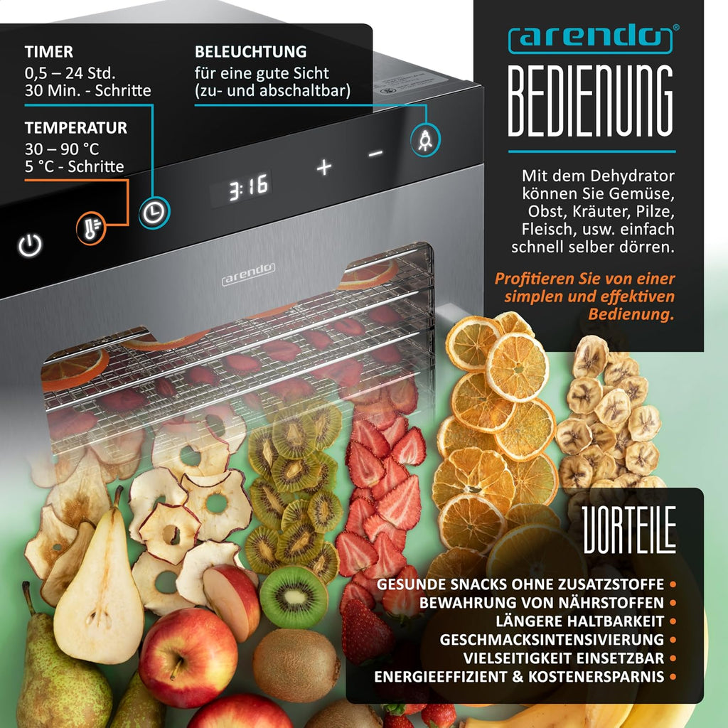 Dörrautomat Edelstahl mit 10 Edelstahl-Einlegetabletts, 800 W, 35-85°C, 8400 cm², Dehydrator für Obst, Fleisch, Pilze uvm.