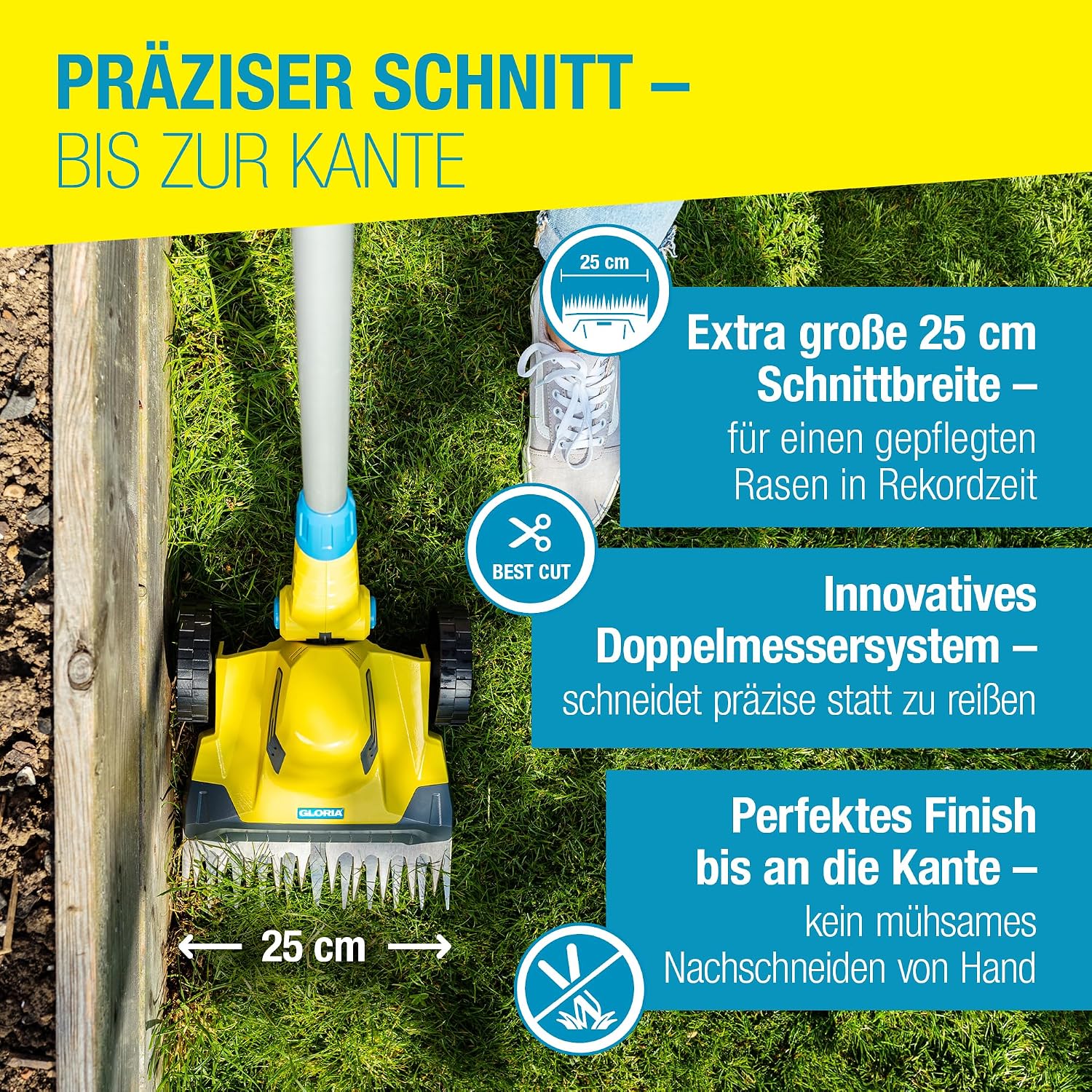 FineCut 18V Akku-Rasentrimmer + Kantenschneider, 25 cm, für Rasenkanten/Kleingärten, inkl. Akku + Ladegerät, für Mähroboter-Ergänzung, gelb/blau