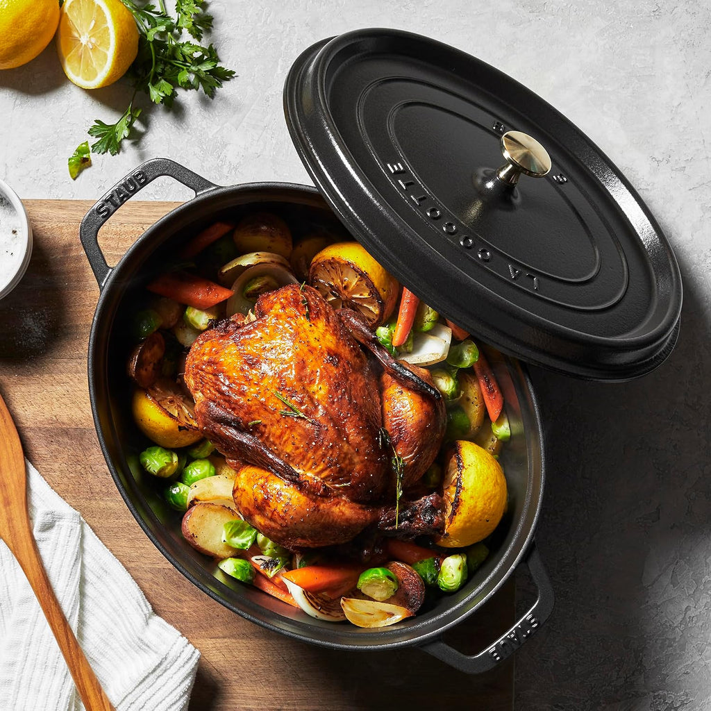 Cocotte, Gusseisen Bräter mit Deckel, 33 cm, 6,7 L, Oval, Alle Herdarten inkl Induktion, Schwarz