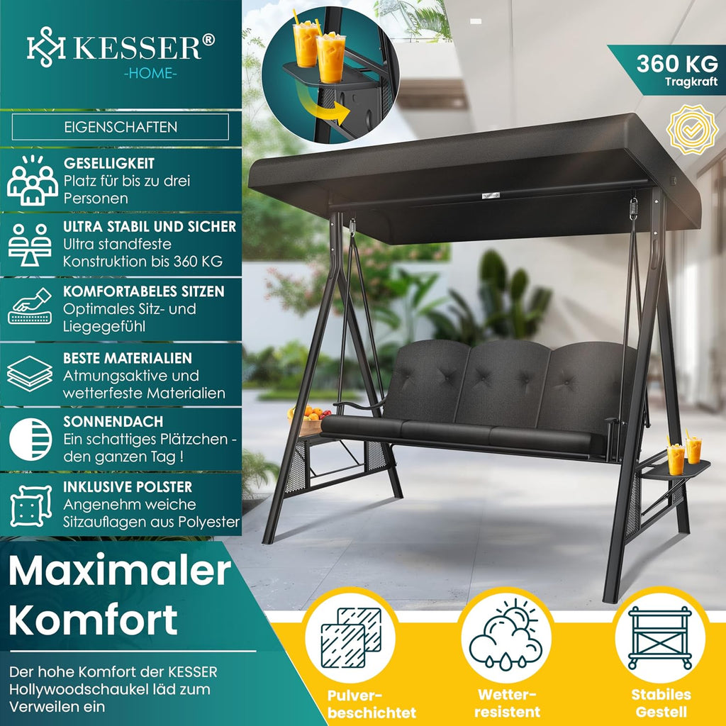 Hollywoodschaukel 3-Sitzer, Sonnendach + Polster, bis 360kg, Anti-Rutsch-Füße, wasserabweisend für Outdoor/Indoor
