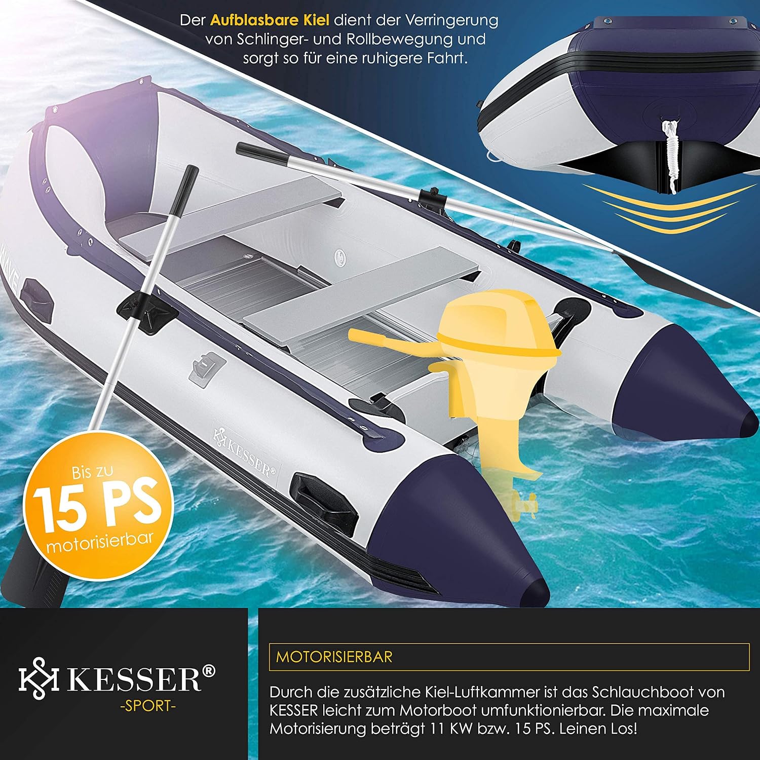 Schlauchboot Wave 230-320 cm aufblasbar 6-tlg. Set – Bank, Pumpe, Paddel, Rep.-Set, Tasche, Angelboot, Paddelboot, Motor möglich, salzwasserfest