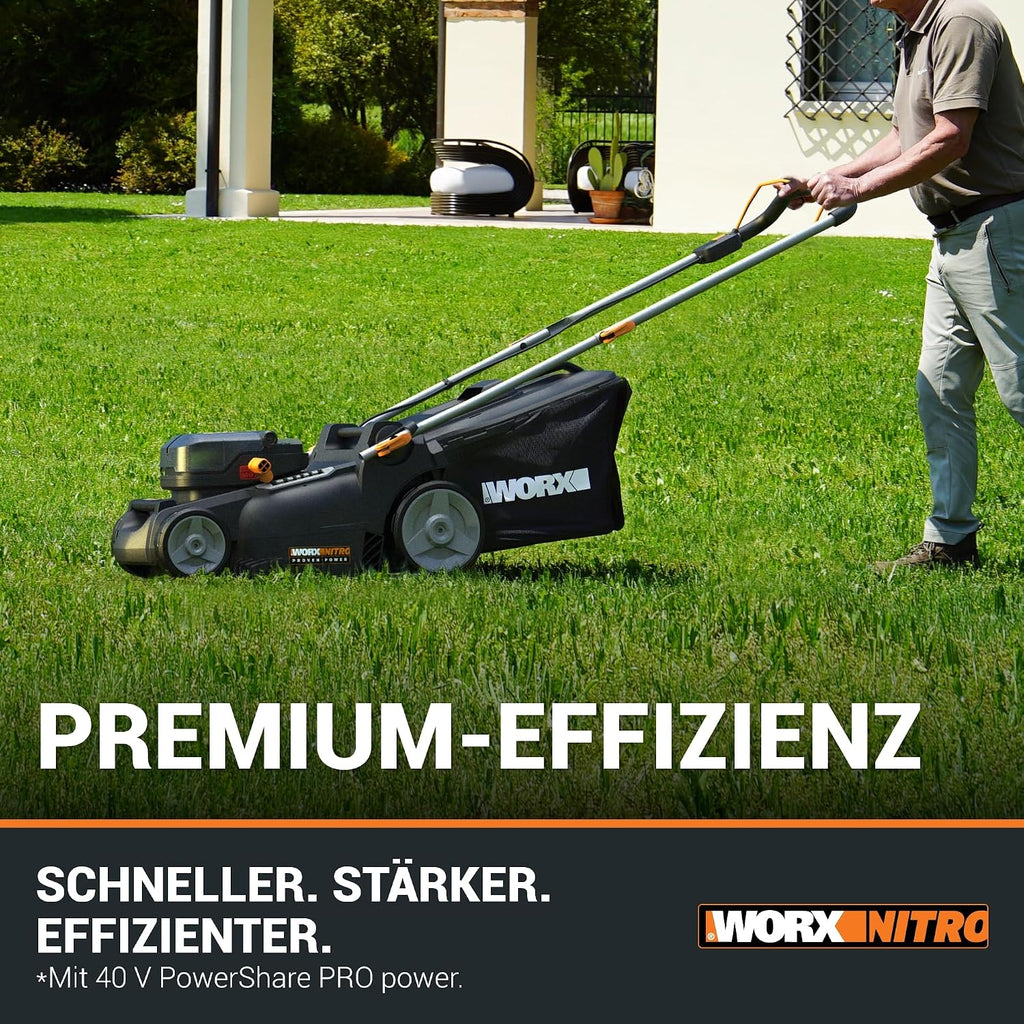 WG737E Nitro Akku-Rasenmäher 40V (2x20V) bürstenloser Motor, 37cm Schnittbreite, 6 Höhenstufen (20-70mm), 40L Grasfangsack, 2x4Ah Akkus & Dual-Ladegerät