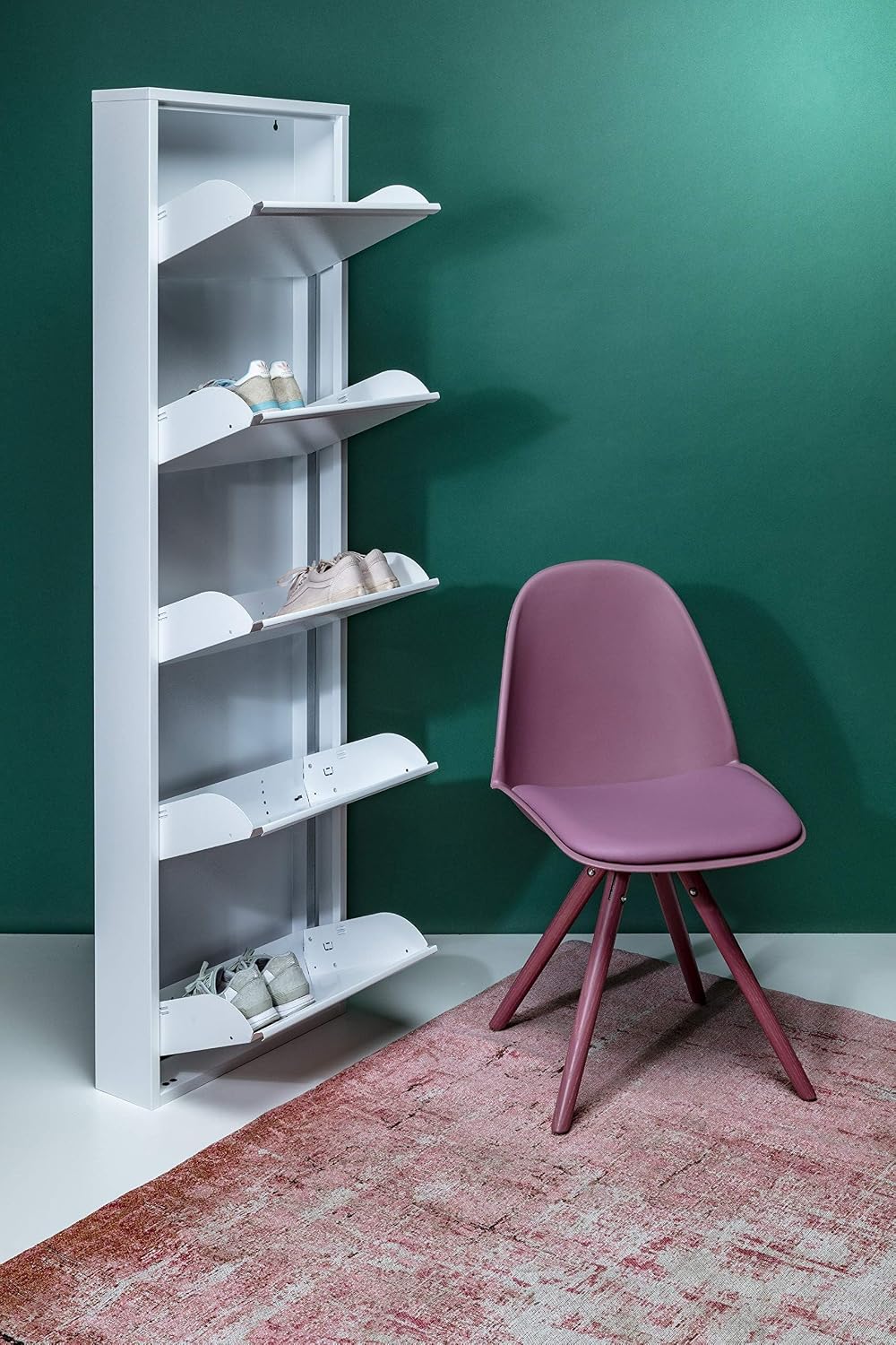 Schuhschrank Caruso Weiß, Metall, mit 5 Klappen, für 10 Paar Schuhe, schmal, platzsparend, hoch, 173x50x15 cm (H/B/T)