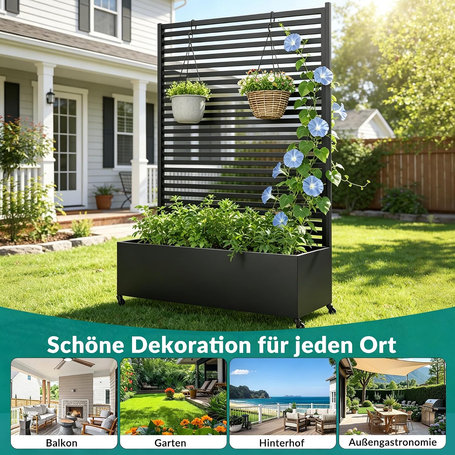 Metall Pflanzkasten mit Spalier, Hochbeet auf Rädern, freistehender Sichtschutz für Blumen und Gemüse, Garten, Terrasse, Balkon