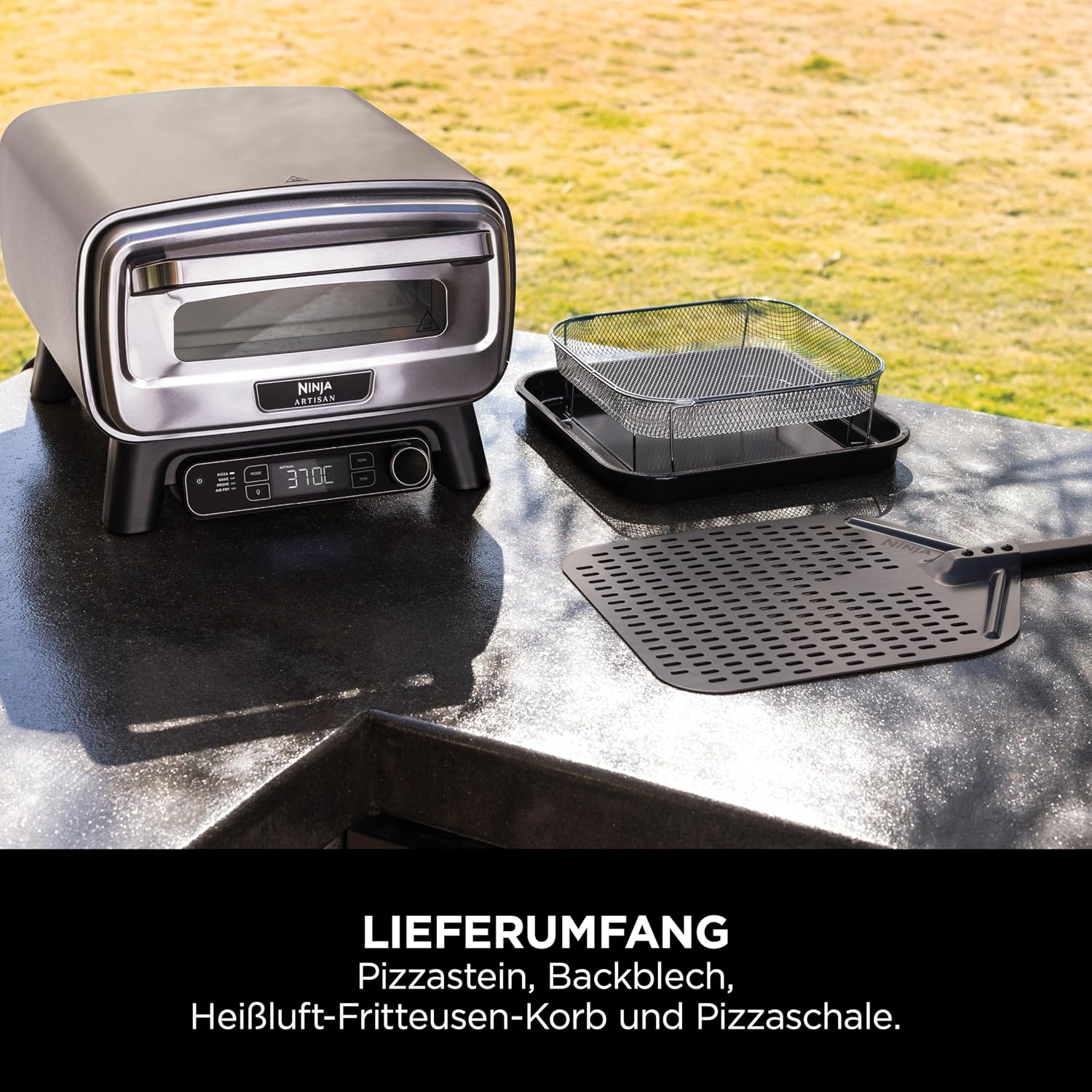 Artisan Outdoor-Pizzaofen + Heißluftfritteuse, 4 Funktionen (Pizza/Air Fry/Bake/Prove), 5 Pizza-Modi, 30cm Pizzastein + Zubehör, grau, MO201EU