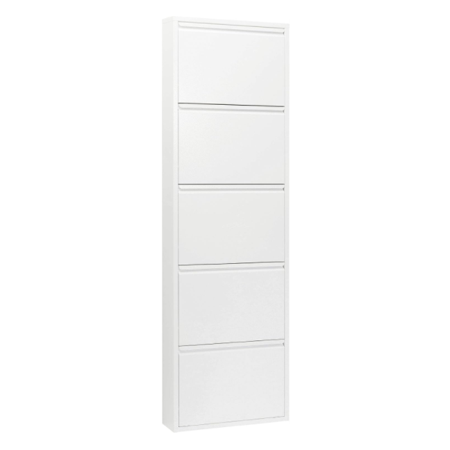 Schuhschrank Caruso Weiß, Metall, mit 5 Klappen, für 10 Paar Schuhe, schmal, platzsparend, hoch, 173x50x15 cm (H/B/T)