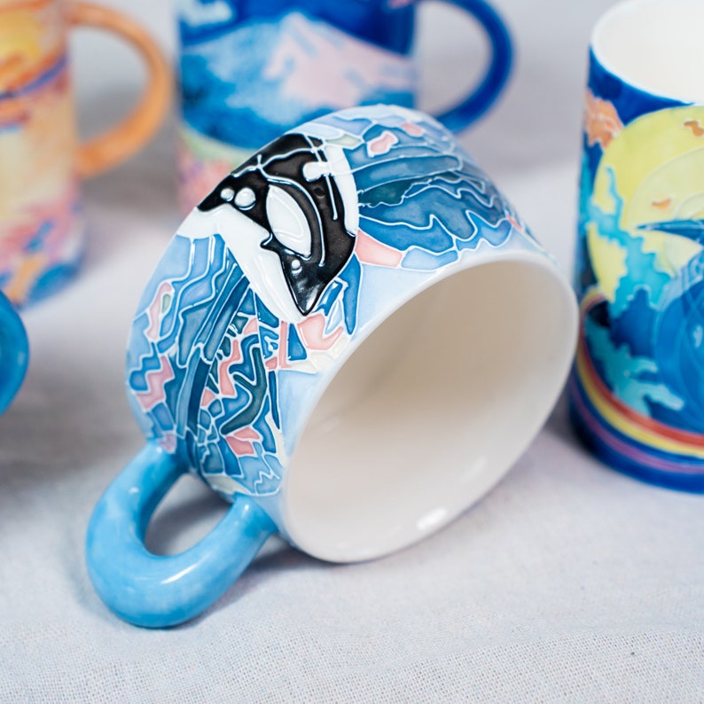 Handbemalte Keramik Kaffeetasse Ozean Design Wal Orca Becher Marine Trinkglas Wohnkultur
