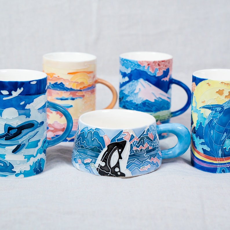 Handbemalte Keramik Kaffeetasse Ozean Design Wal Orca Becher Marine Trinkglas Wohnkultur
