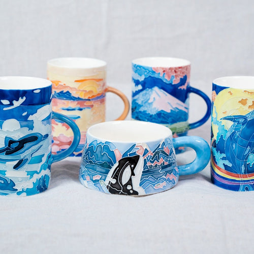 Handbemalte Keramik Kaffeetasse Ozean Design Wal Orca Becher Marine Trinkglas Wohnkultur