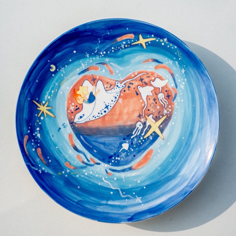 Kleines Mädchen Schwimmen mit Rochen Schmuckschale ätherisch Ozean Thema Ring Schale