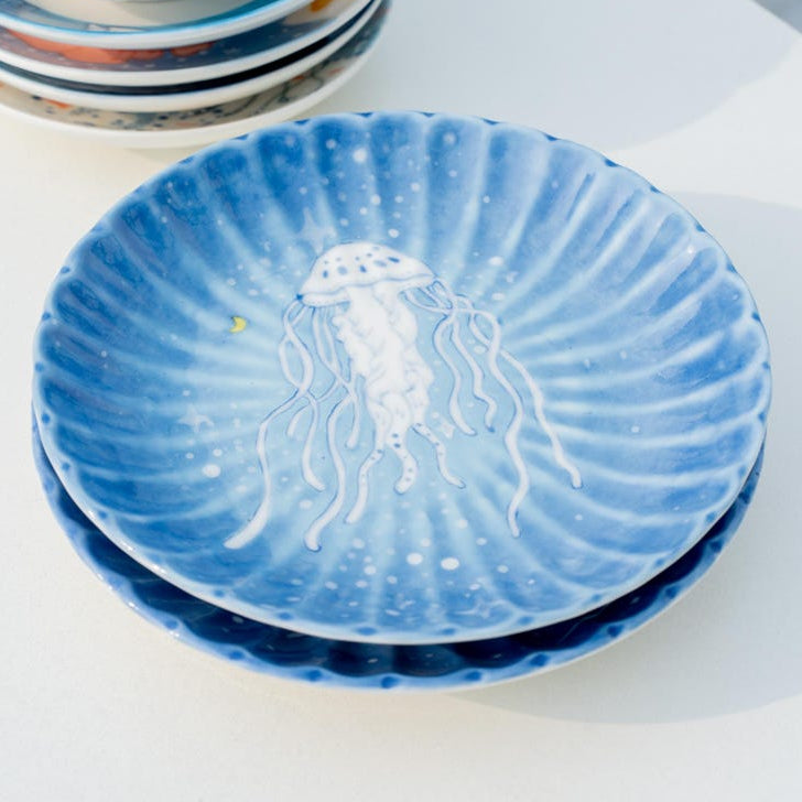 Handbemalte Quallen & Mond Teller Keramik 14,5 cm - Fairycore Ring Teller Meerblau Salat Obst Teller