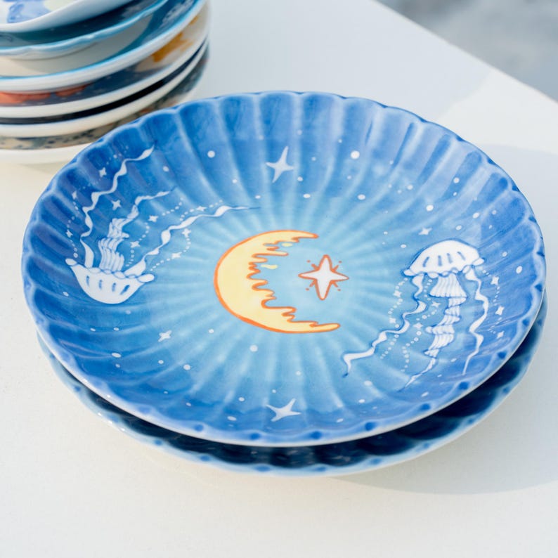 Handbemalte Quallen & Mond Teller Keramik 14,5 cm - Fairycore Ring Teller Meerblau Salat Obst Teller