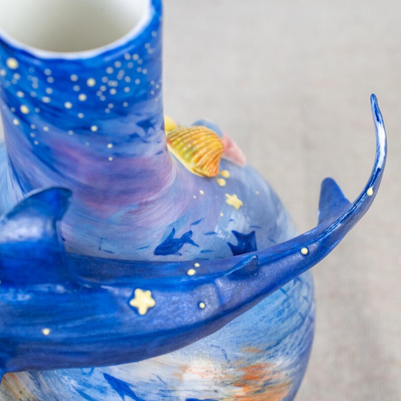 Handgefertigte Keramik Hai Vase Handbemalt Ozean Deko 20cm