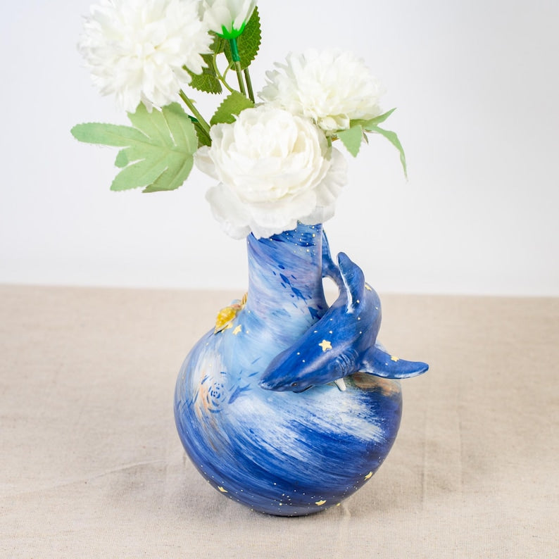 Handgefertigte Keramik Hai Vase Handbemalt Ozean Deko 20cm