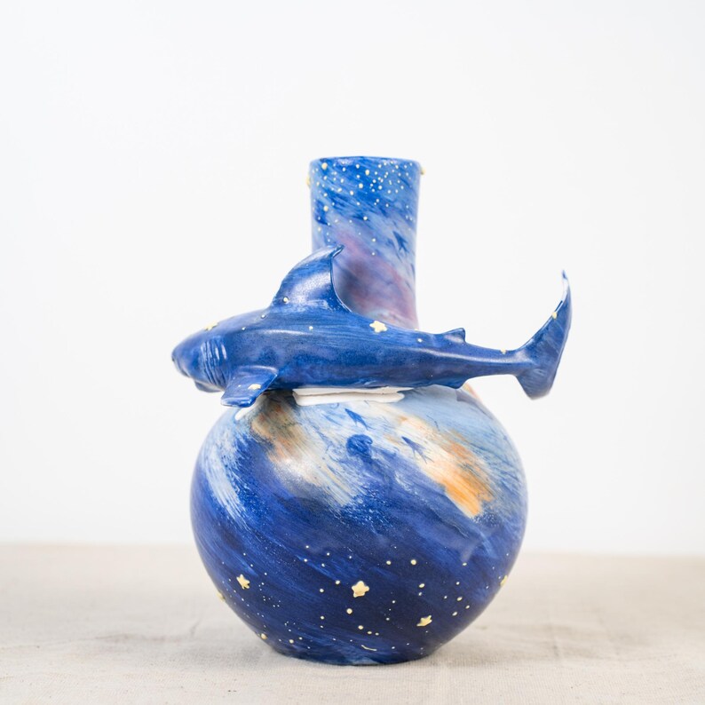 Handgefertigte Keramik Hai Vase Handbemalt Ozean Deko 20cm