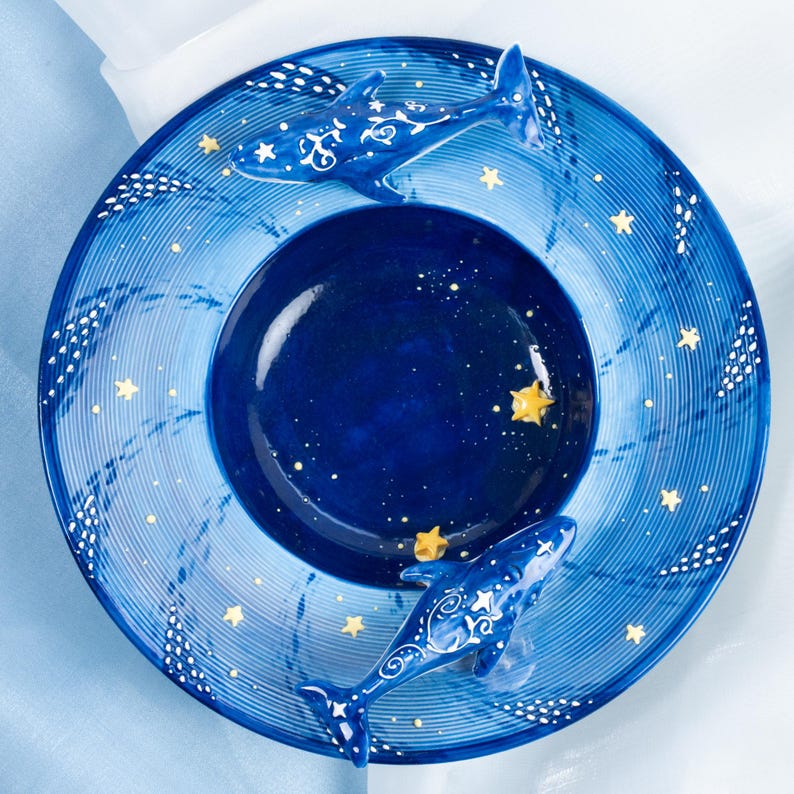 Handgefertigte Keramikschale mit 3D Walhai Design, Blau, 21 cm, Spülmaschinen- und mikrowellengeeignet